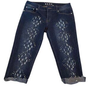 Saza mid-rise embellished blue denim capris.